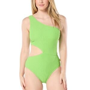 Michael Kors Women Green Rib One-Shoulder Side-Cutout One-Piece Swimsuit Size 12